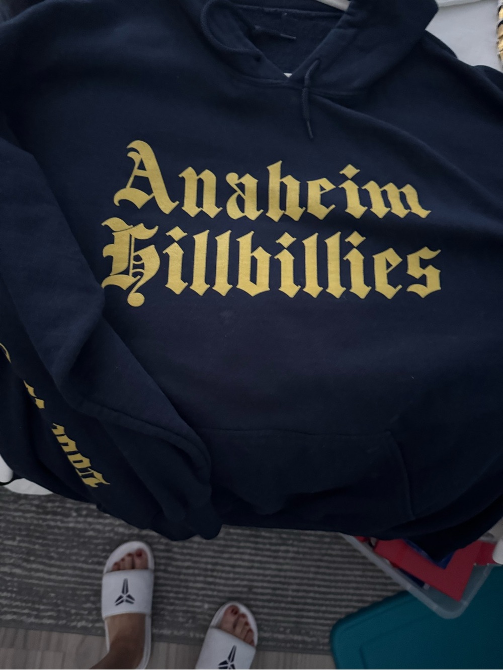 Gwen Stefani Navy Hoodie with Gold 'Anaheim Hillbillies' Print